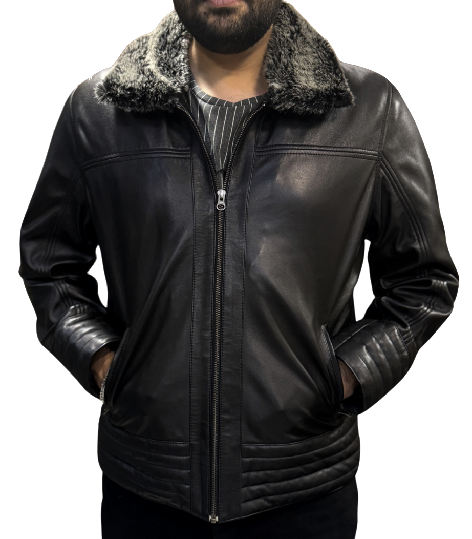 MENS CLASSIC LEATHER JACKET WITH FAUX FUR COLLAR