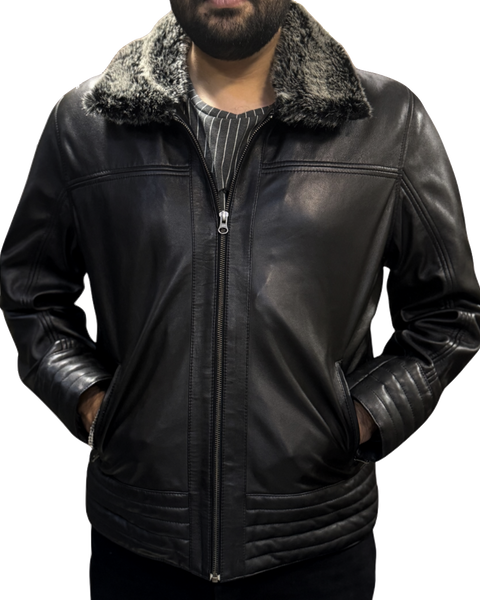 MENS CLASSIC LEATHER JACKET WITH FAUX FUR COLLAR