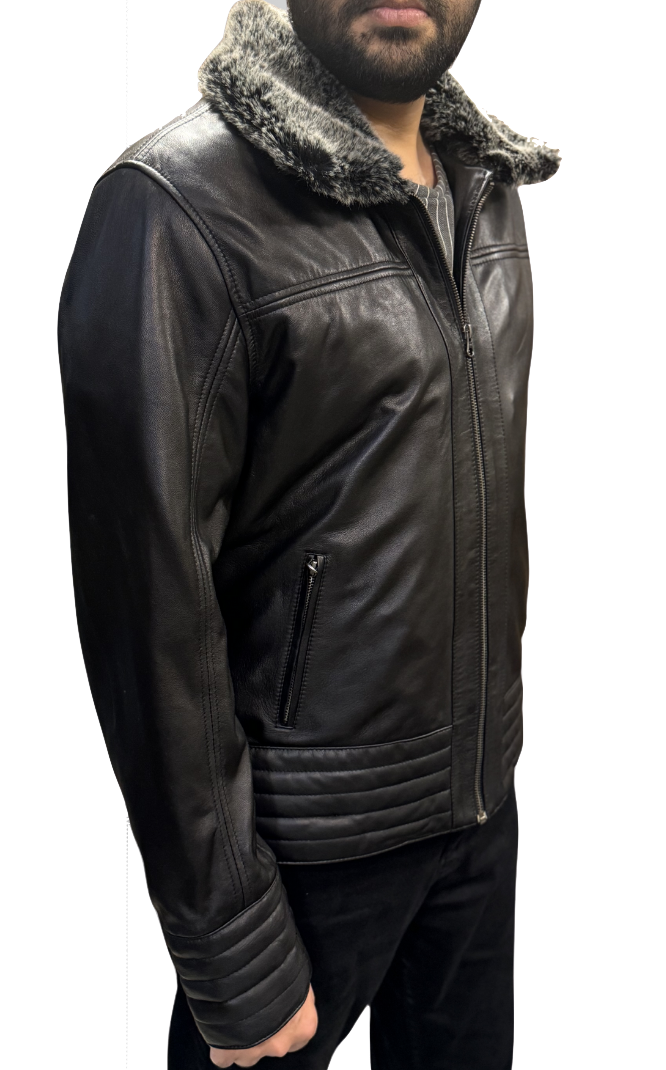 MENS CLASSIC LEATHER JACKET WITH FAUX FUR COLLAR