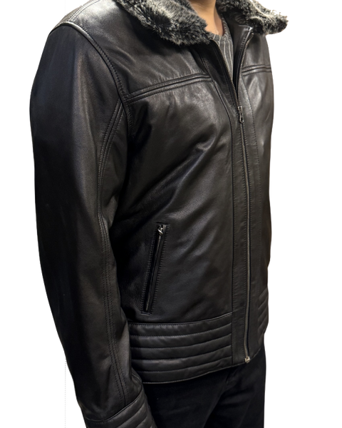 MENS CLASSIC LEATHER JACKET WITH FAUX FUR COLLAR