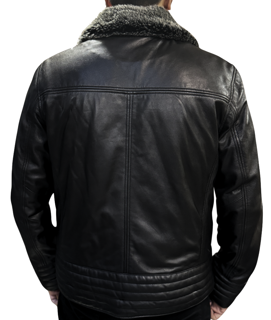 MENS CLASSIC LEATHER JACKET WITH FAUX FUR COLLAR