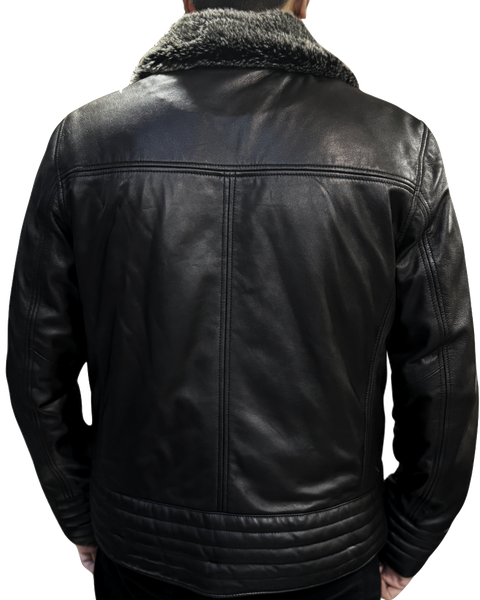 MENS CLASSIC LEATHER JACKET WITH FAUX FUR COLLAR