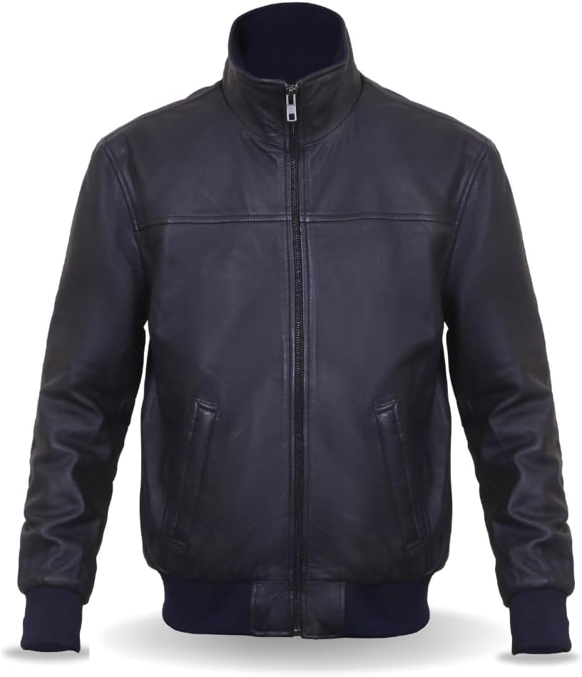 Men's Stand Collar Genuine Leather JACKET, Motorcycle Bomber Leather Jacket for Men