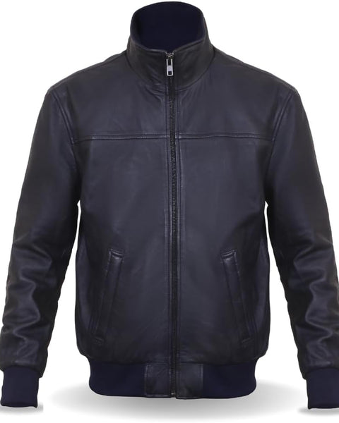 Men's Stand Collar Genuine Leather JACKET, Motorcycle Bomber Leather Jacket for Men