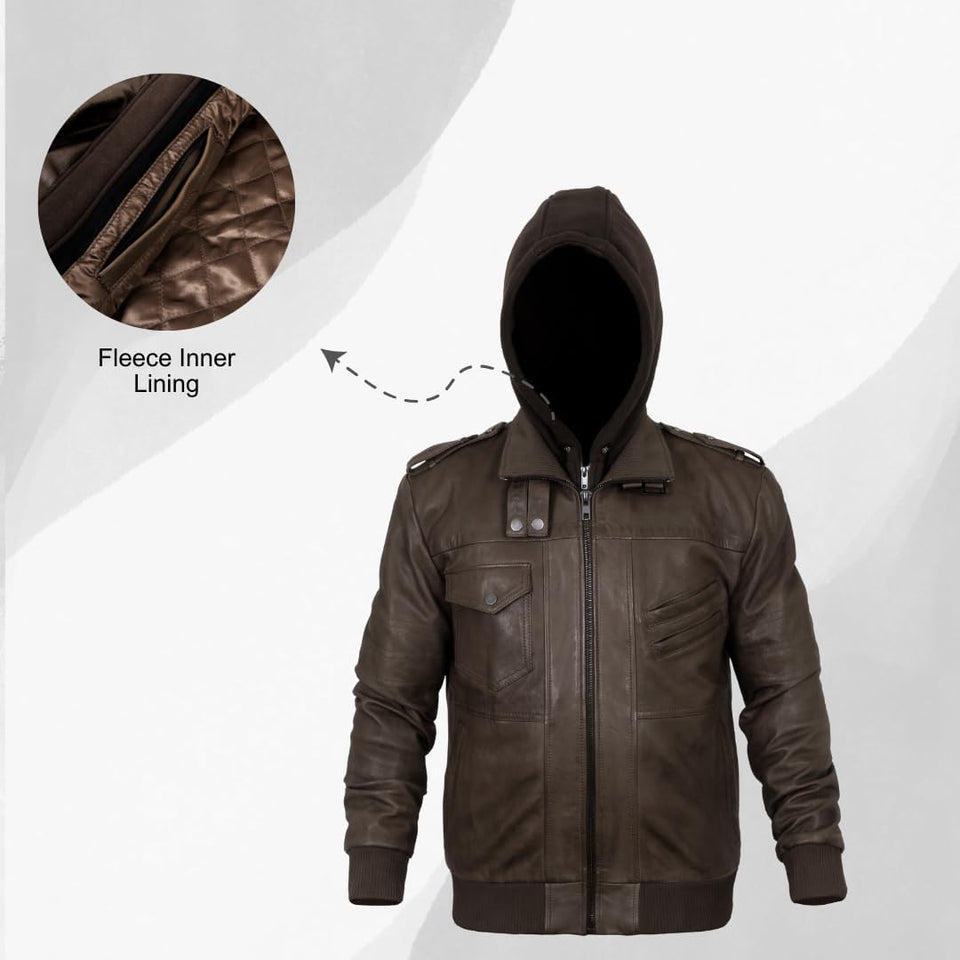 Leather Jackets for Men, Motorcycle Jackets with removeable Hood, Mens Winter Jackets