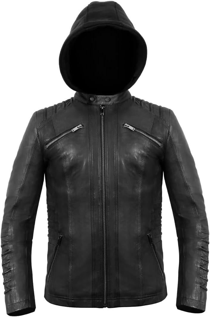 Women's Real Leather Jacket, Women’s Removable Hooded Moto Biker Leather Jacket