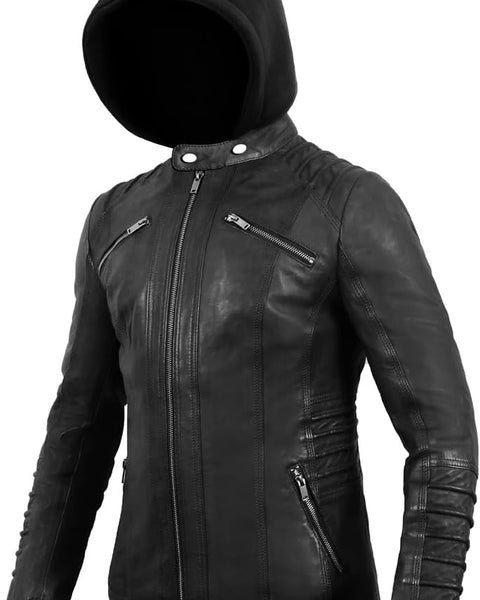 Women's Real Leather Jacket, Women’s Removable Hooded Moto Biker Leather Jacket