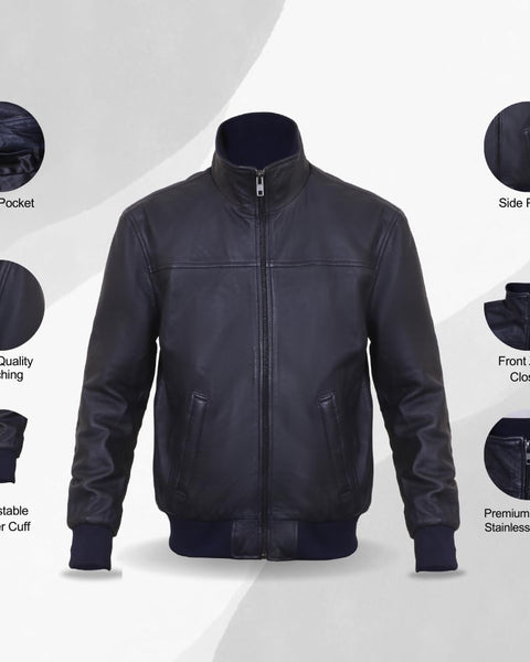 Men's Stand Collar Genuine Leather JACKET, Motorcycle Bomber Leather Jacket for Men