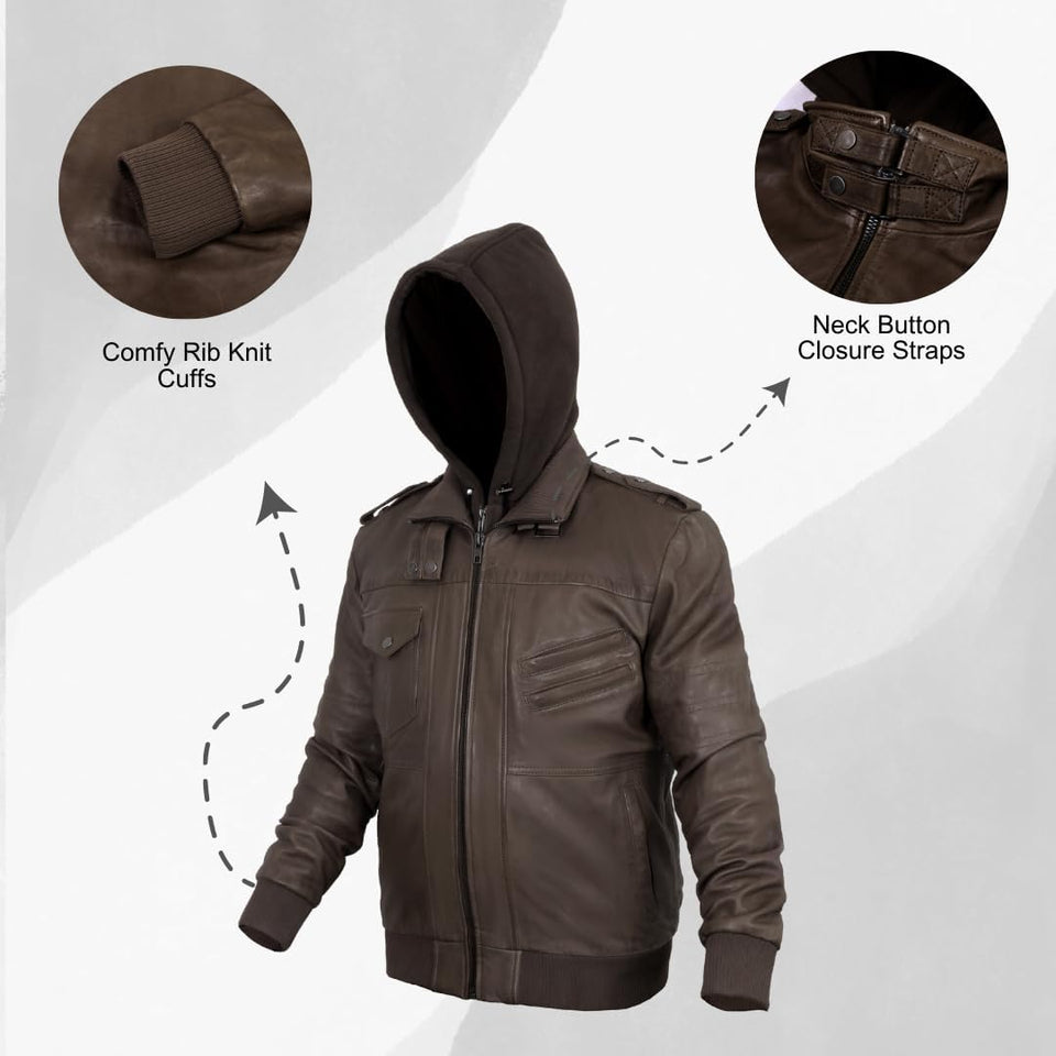 Leather Jackets for Men, Motorcycle Jackets with removeable Hood, Mens Winter Jackets