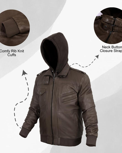 Leather Jackets for Men, Motorcycle Jackets with removeable Hood, Mens Winter Jackets