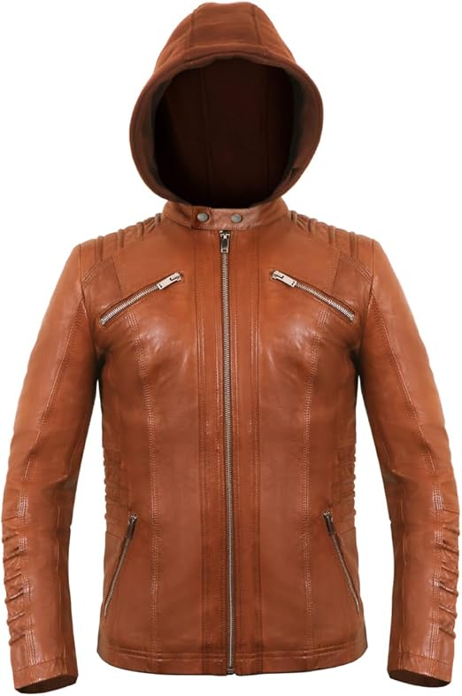 Women's Real Leather Jacket, Women’s Removable Hooded Moto Biker Leather Jacket