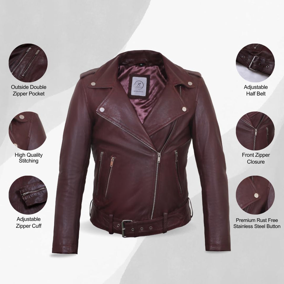 Geniune Leather Jacket for Women| Motorcycle Leather Jacket with Waist Belt