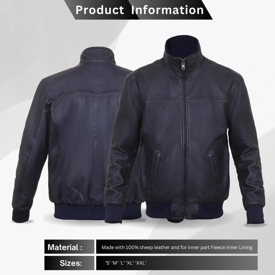 Men's Stand Collar Genuine Leather JACKET, Motorcycle Bomber Leather Jacket for Men