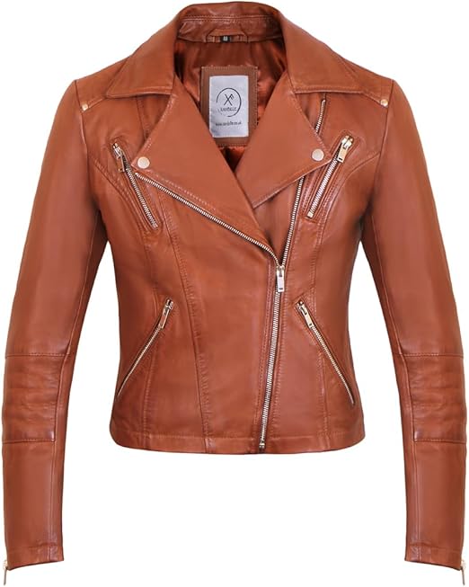 Womens Leather Motorcycle Jacket, Real Lambskin Leather Moto Short Coat Biker Jacket