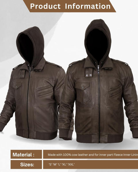 Leather Jackets for Men, Motorcycle Jackets with removeable Hood, Mens Winter Jackets