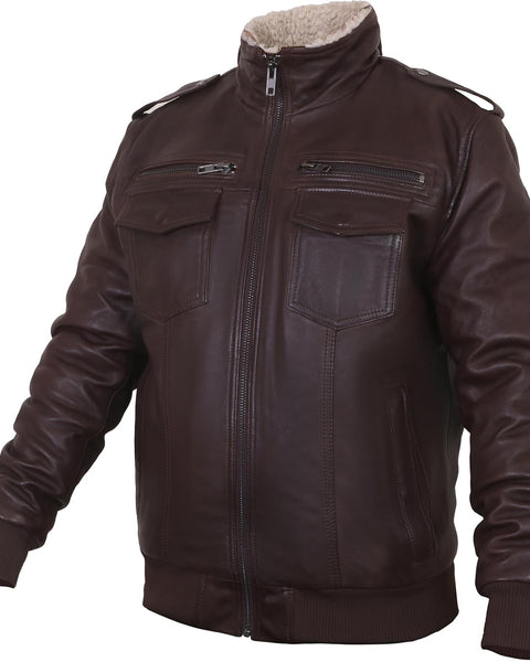 Men's Brown Vintage Biker jacket Style Motorcycle Sheepskin with fur Leather