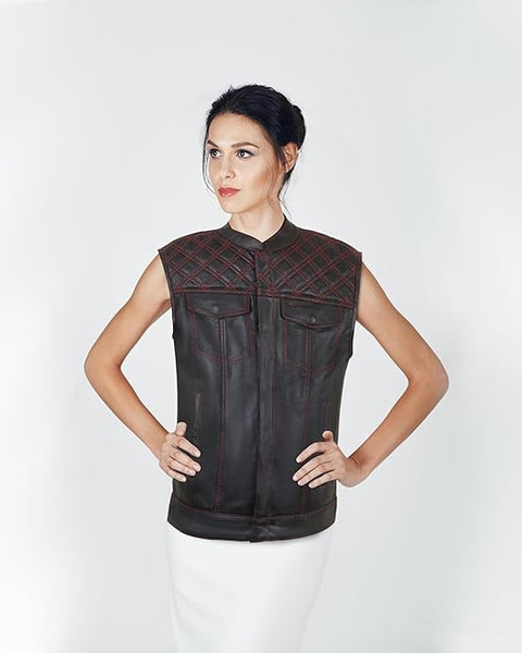 Women Leather Motorcycle Biker Vest Genuine Style Classic Vest- FREE SHIIPING