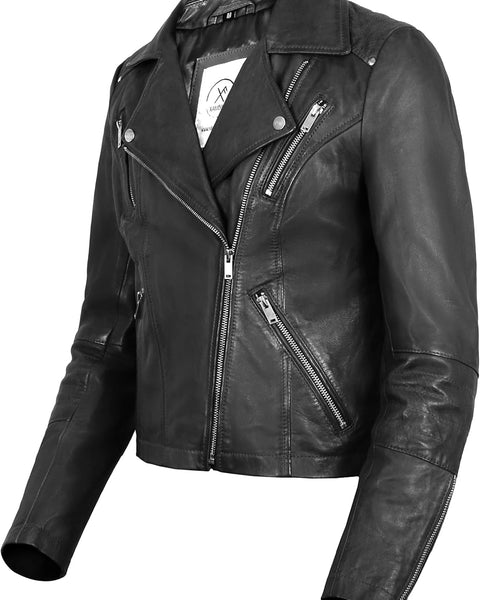 Womens Leather Motorcycle Jacket, Real Lambskin Leather Moto Short Coat Biker Jacket