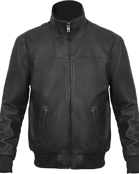 Men's Stand Collar Genuine Leather JACKET, Motorcycle Bomber Leather Jacket for Men