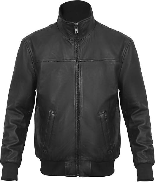 Men's Stand Collar Genuine Leather JACKET, Motorcycle Bomber Leather Jacket for Men