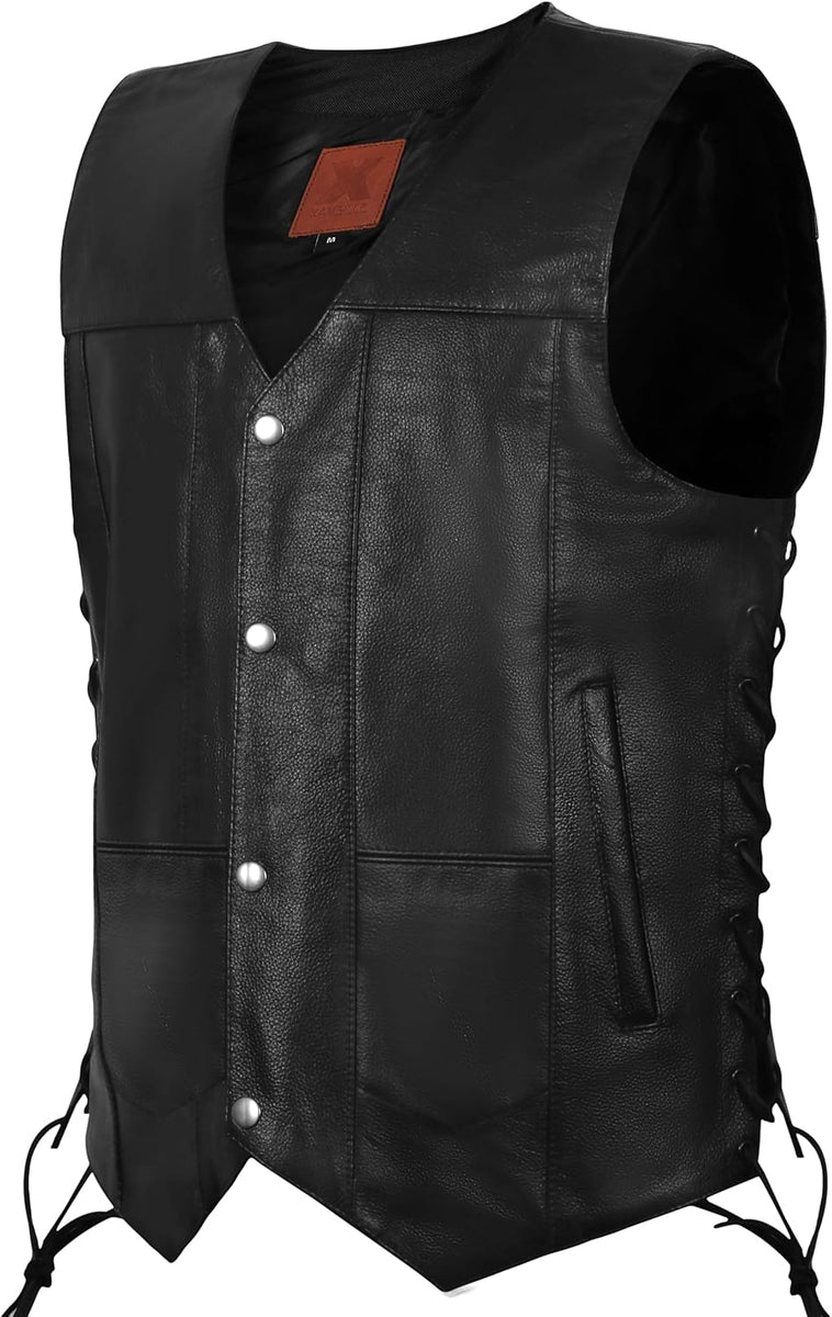 Genuine Leather Motorcycle Biker Vest with Laces Black