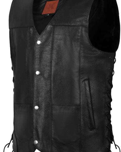 Genuine Leather Motorcycle Biker Vest with Laces Black