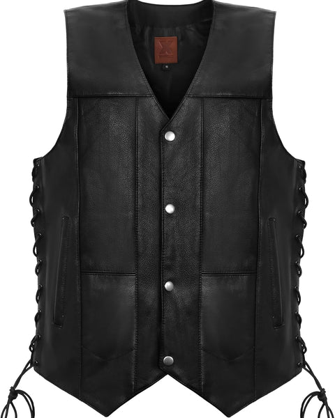 Genuine Leather Motorcycle Biker Vest with Laces Black