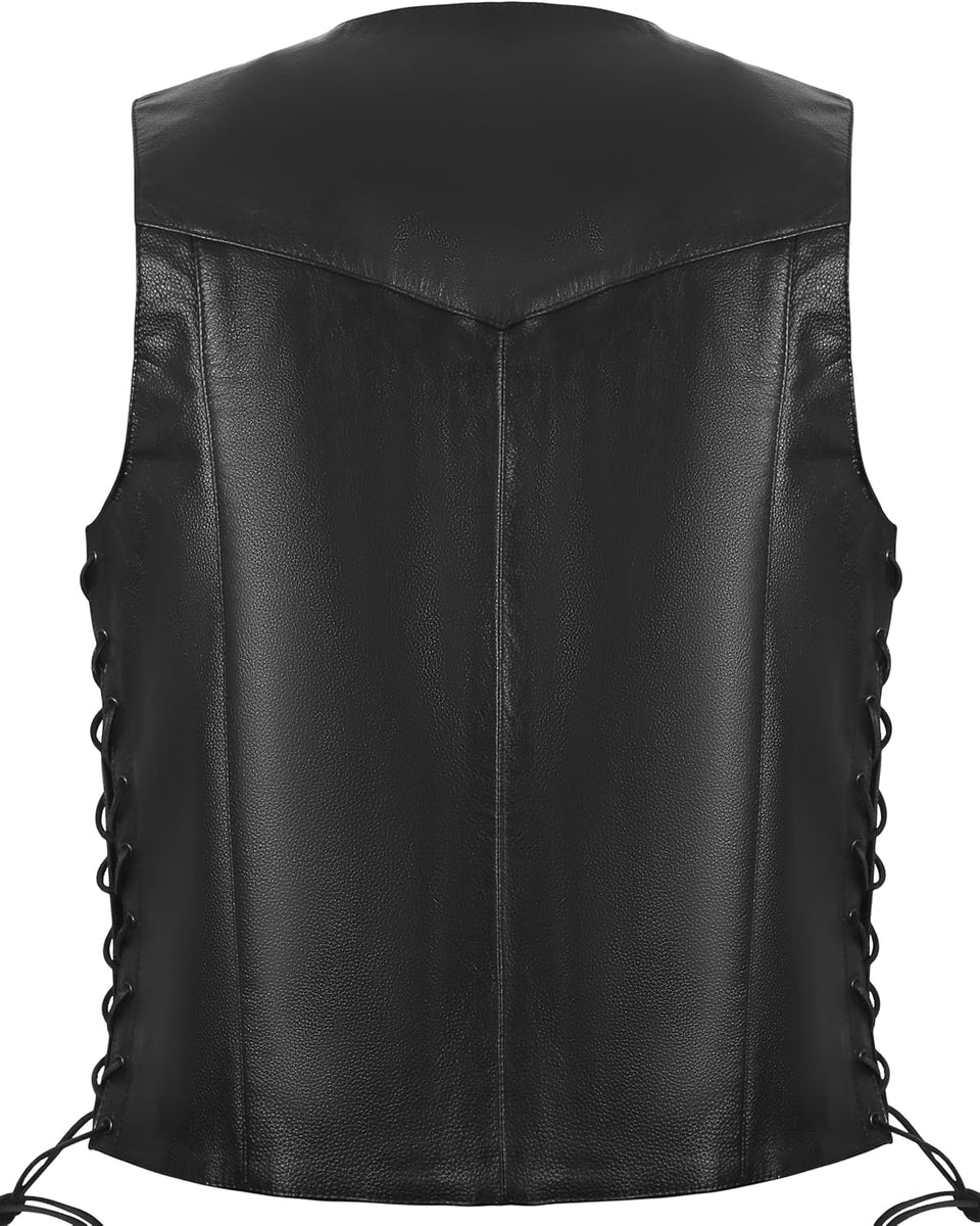 Genuine Leather Motorcycle Biker Vest with Laces Black