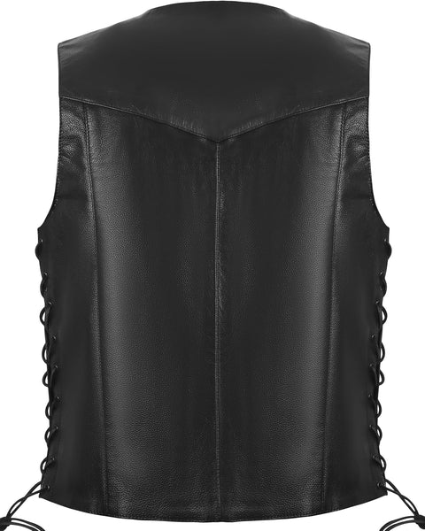 Genuine Leather Motorcycle Biker Vest with Laces Black