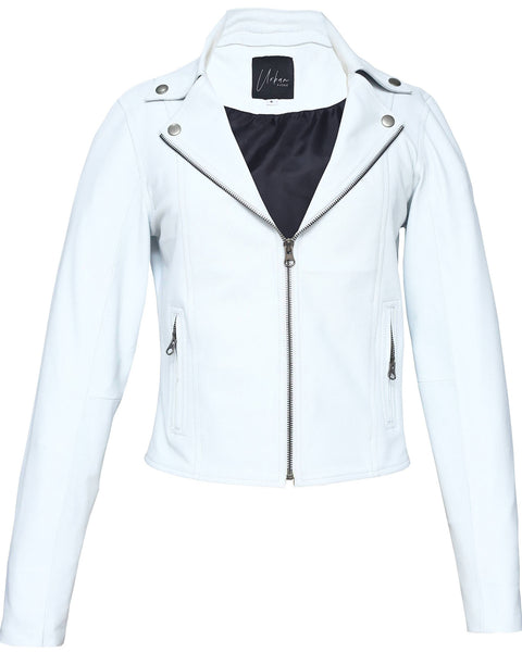 MOTO WOMEN LEATHER JACKET WITH PRINTING.