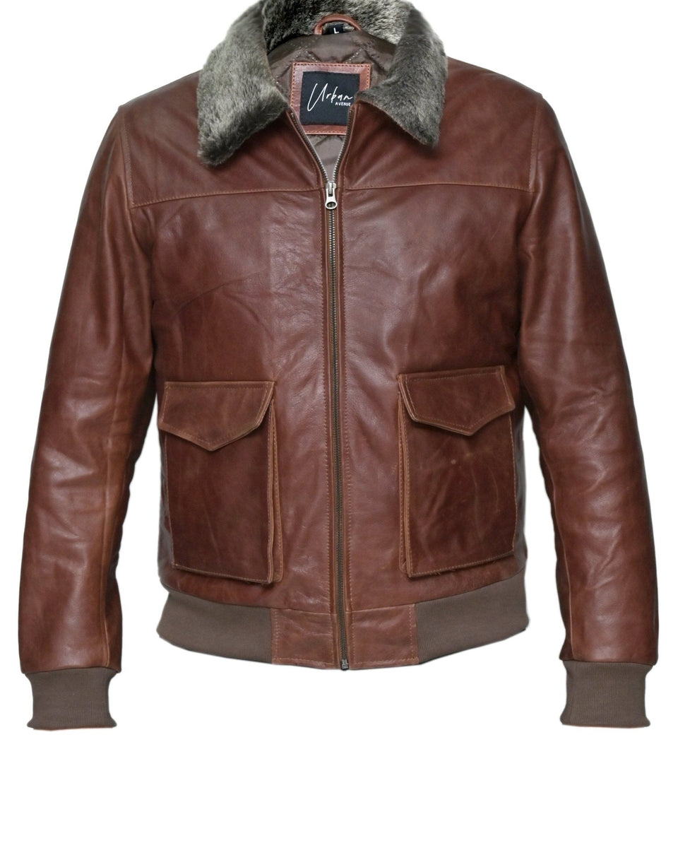 CROWN PILOT MENS LEATHER JACKET WITH FAUX FUR COLLAR