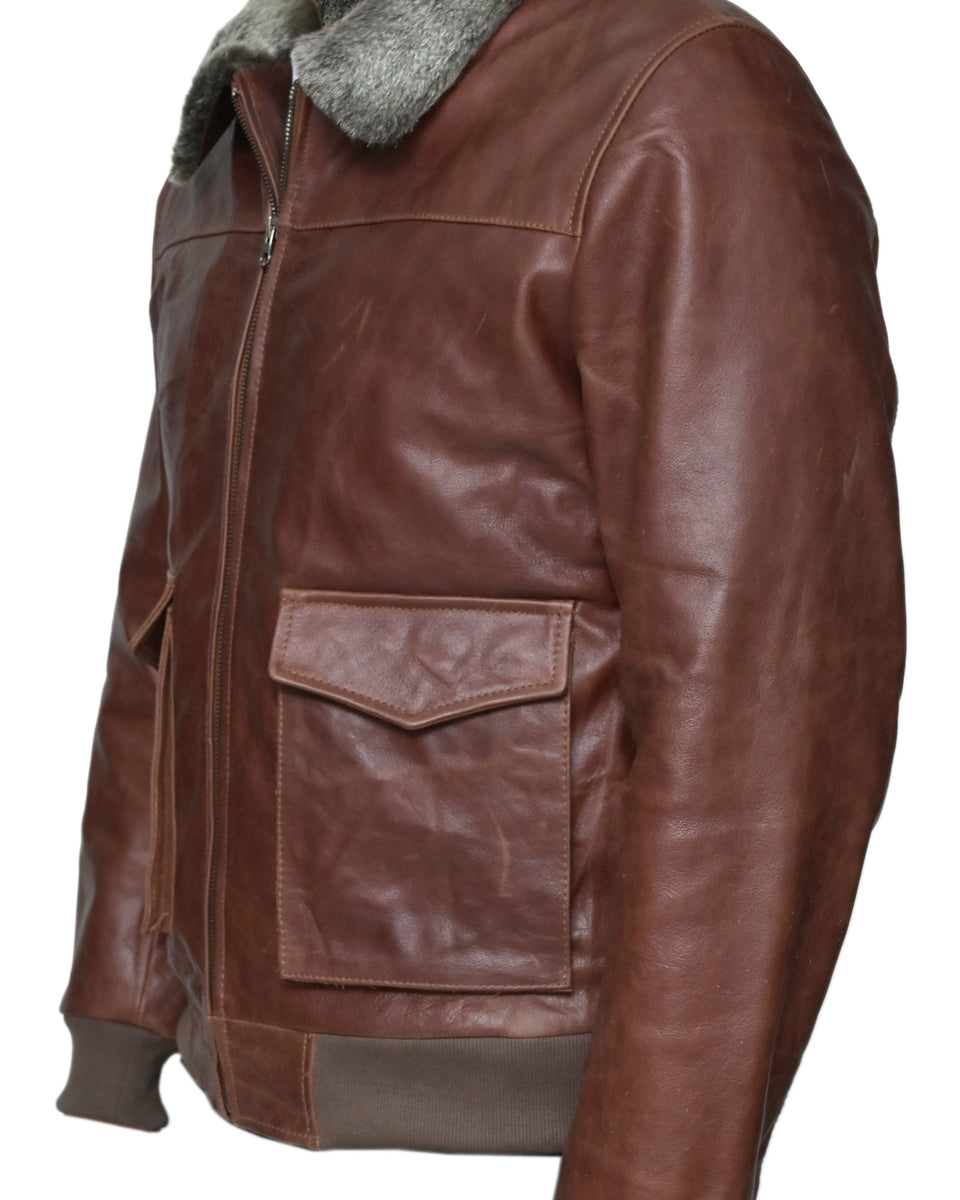 CROWN PILOT MENS LEATHER JACKET WITH FAUX FUR COLLAR