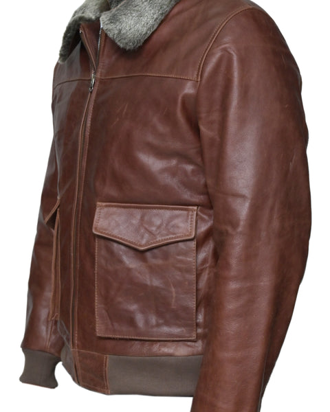 CROWN PILOT MENS LEATHER JACKET WITH FAUX FUR COLLAR