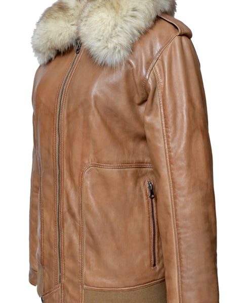 SAVRY WOMEN LEATHER JACKET WITH FUR COLLAR