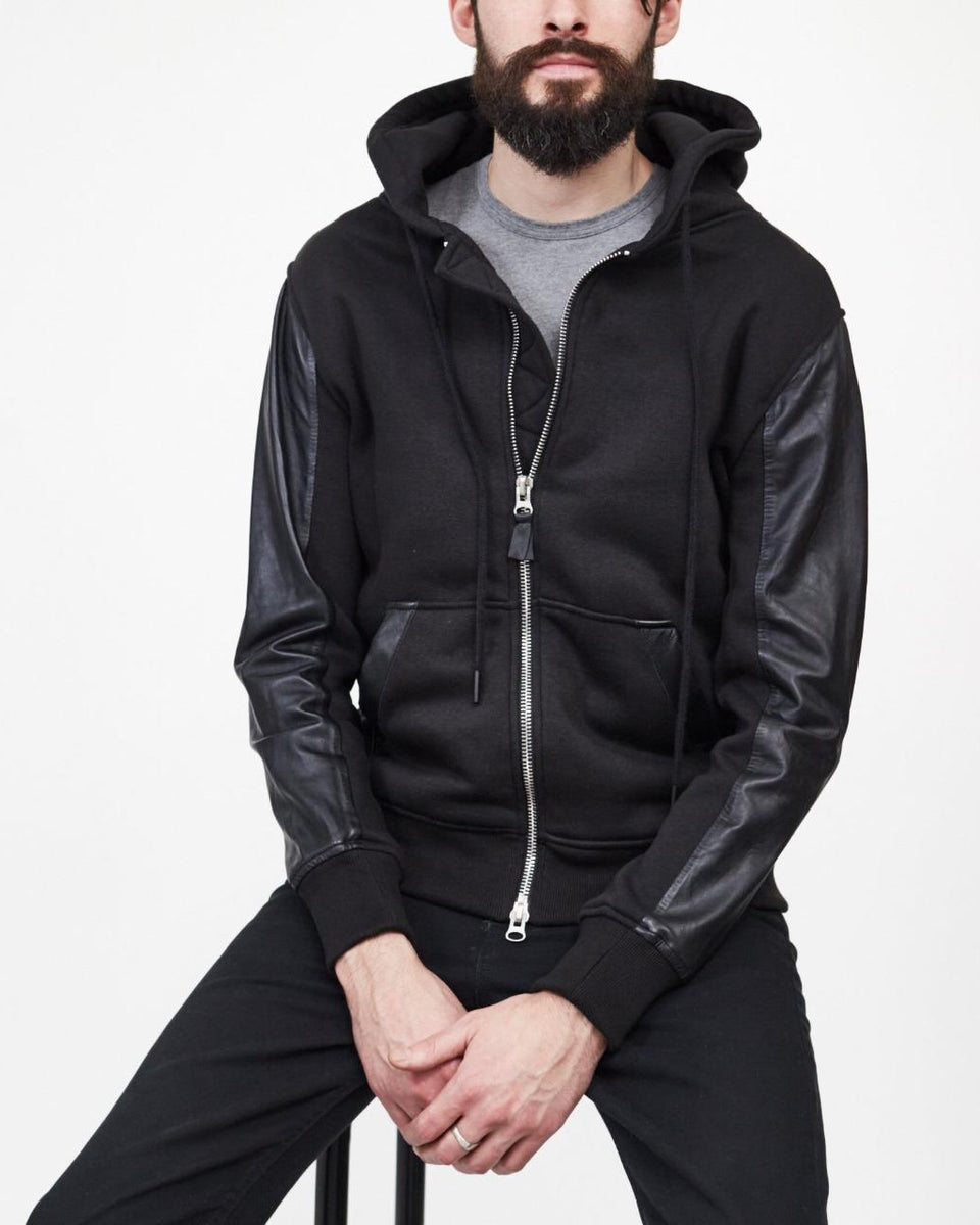 MENS FLEECE HOODIE WITH LEATHER SLEEVES