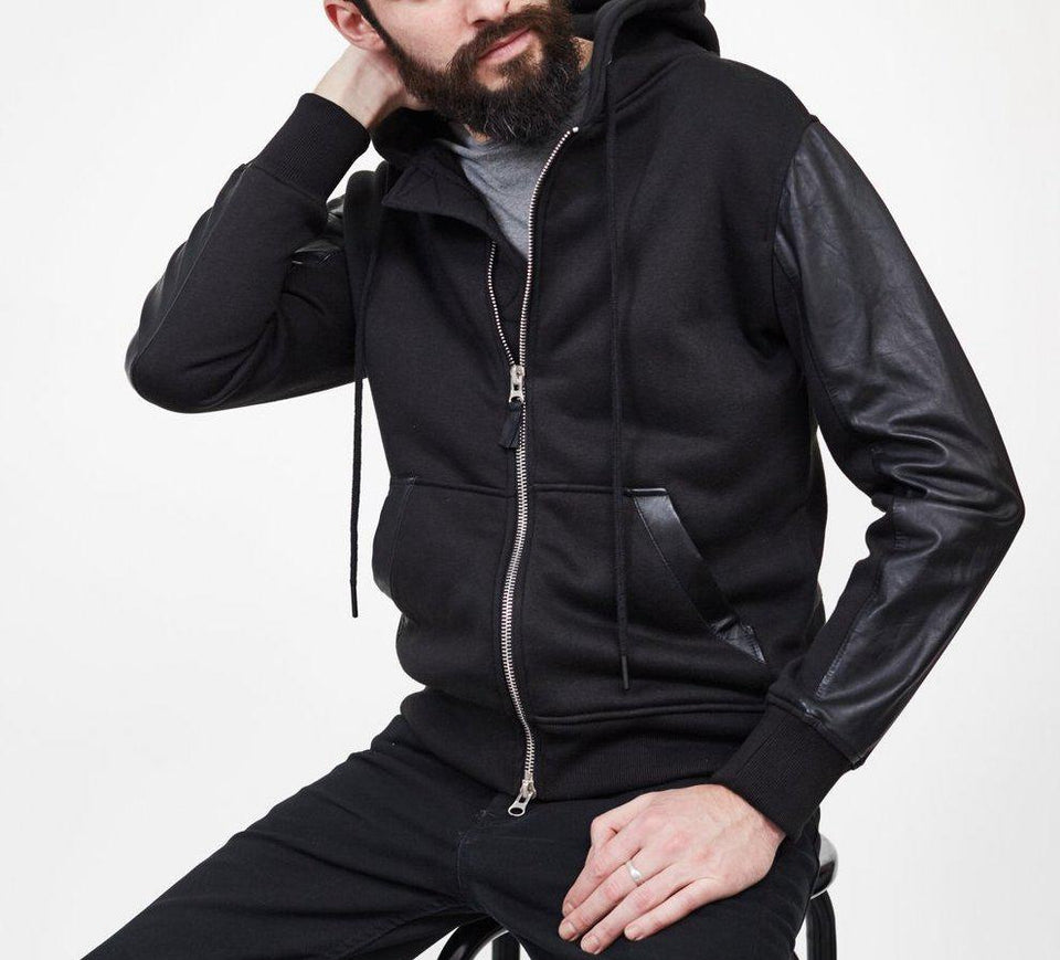 MENS FLEECE HOODIE WITH LEATHER SLEEVES