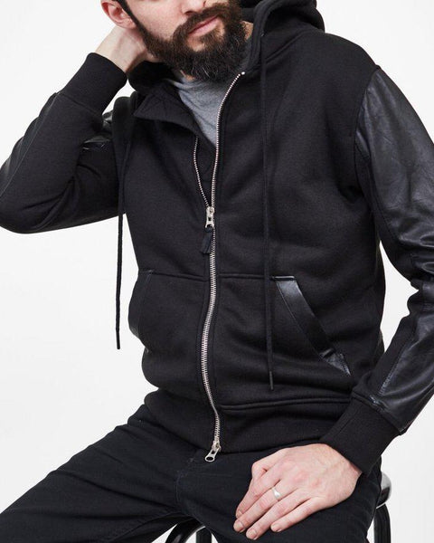 MENS FLEECE HOODIE WITH LEATHER SLEEVES