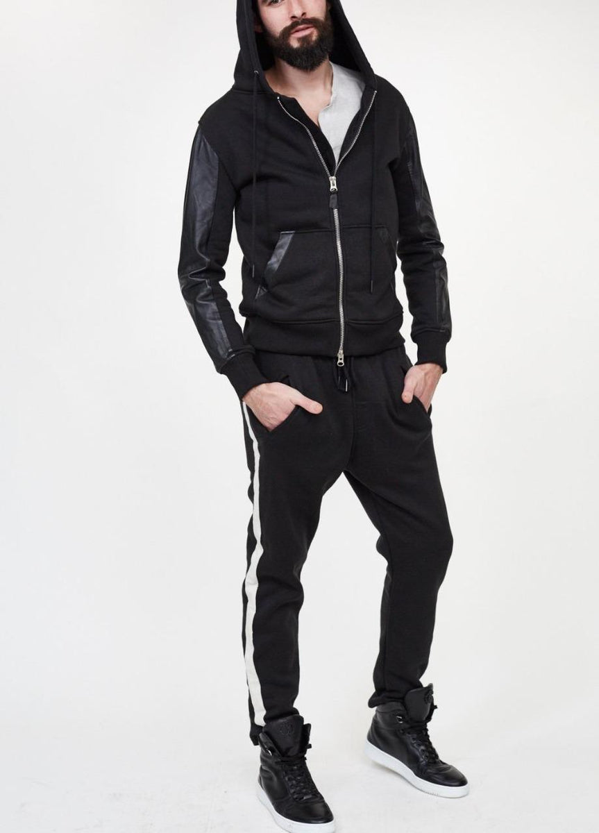 MENS FLEECE HOODIE WITH LEATHER SLEEVES