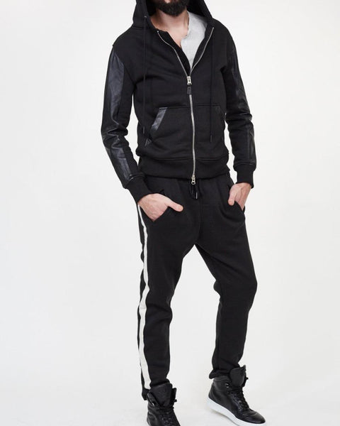 MENS FLEECE HOODIE WITH LEATHER SLEEVES