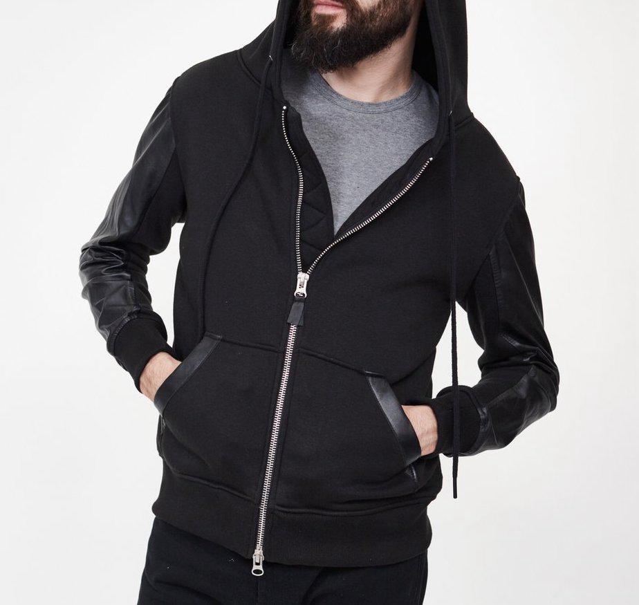 MENS FLEECE HOODIE WITH LEATHER SLEEVES