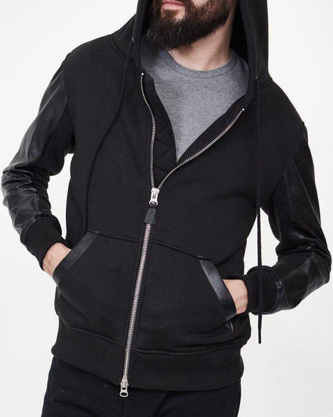 MENS FLEECE HOODIE WITH LEATHER SLEEVES