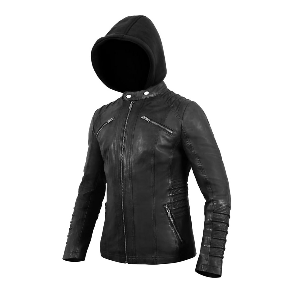 Women's Real Leather Jacket, Women’s Removable Hooded Moto Biker Leather Jacket