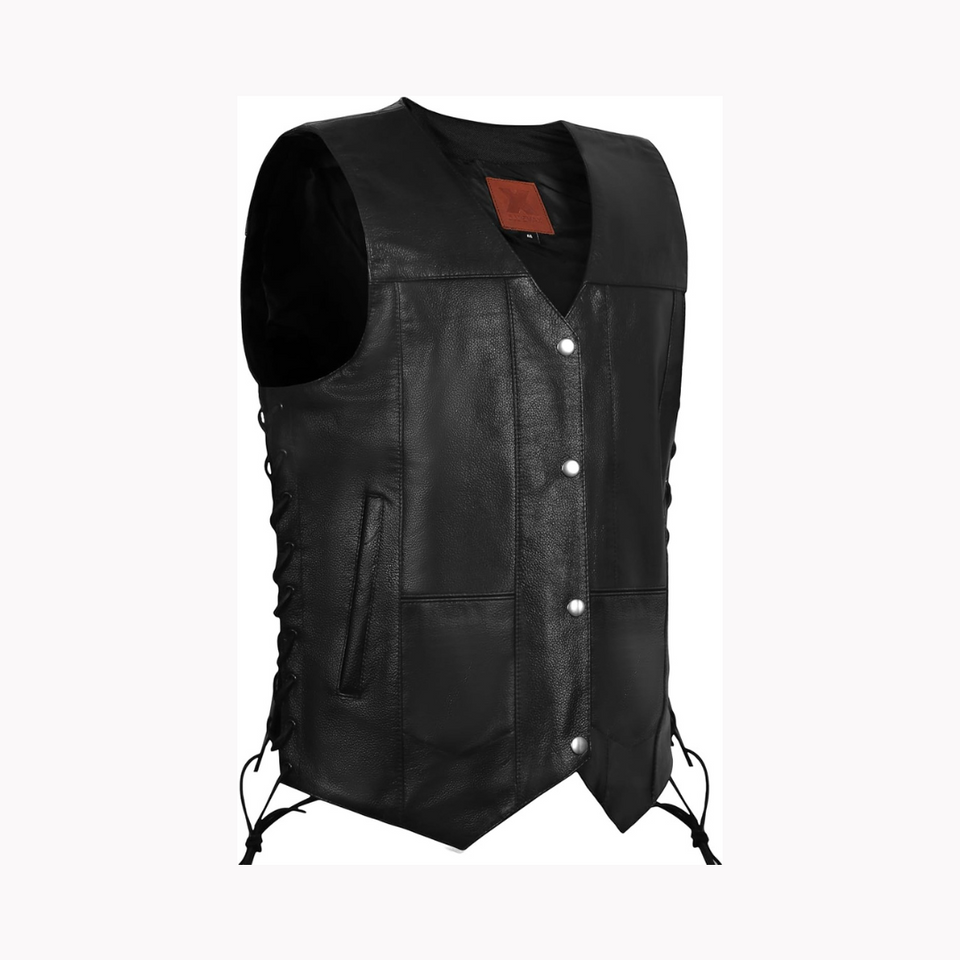 Genuine Leather Motorcycle Biker Vest with Laces Black