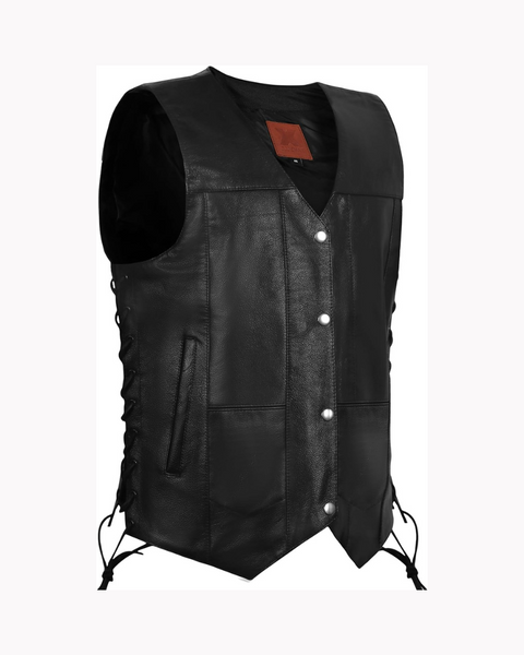 Genuine Leather Motorcycle Biker Vest with Laces Black